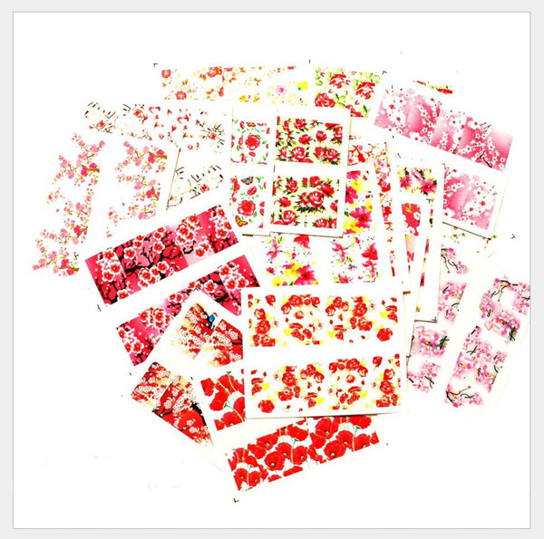 New8Beauty Nail Art Stickers Decals Series 18A (24-Pack) - Red Pink Flowers