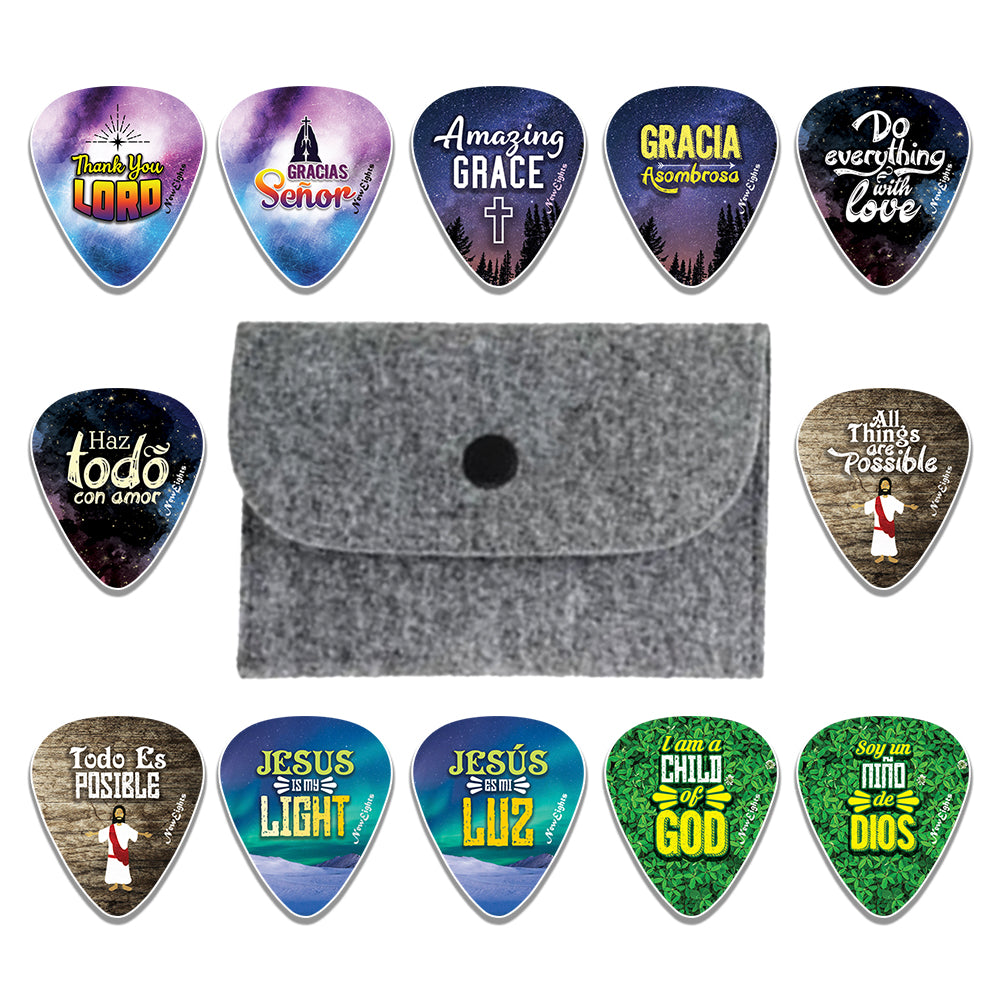 Christian Bilingual Guitar Picks (12-Pack) - English Spanish Worship Plectrums - Thank You Lord