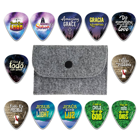 Christian Bilingual Guitar Picks (12-Pack) - English Spanish Worship Plectrums - Thank You Lord