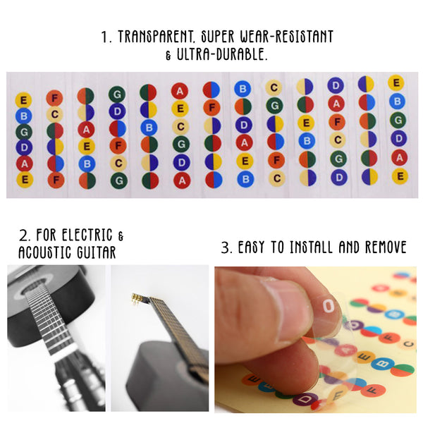 NewEights Guitar Fretboard Note Decals Transparent Sticker Coded Guide for Guitar Beginners Gift - FREE 1 Guitar Pick - Colorful Fretboards Decals 6 Strings Guitar Fingerboard Stickers