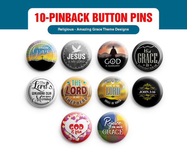 "Religious Pinback Buttons - Amazing Grace (10-Pack) - Large 2.25"" VBS Sunday School Easter Baptism Thanksgiving Christmas Rewards Encouragement Gift Token"