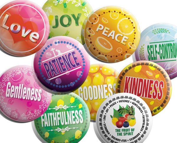 "Christian Pinback Buttons - The Fruit of the Spirit (10-Pack) - Large 2.25"" VBS Sunday School Easter Baptism Thanksgiving Christmas Rewards Encouragement Gift"