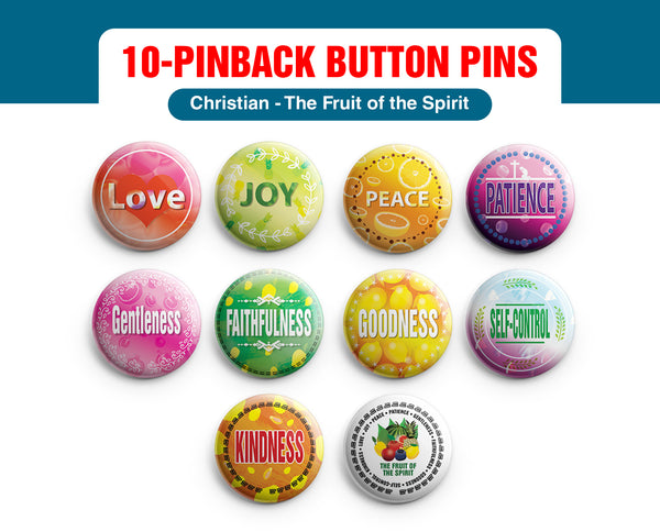 "Christian Pinback Buttons - The Fruit of the Spirit (10-Pack) - Large 2.25"" VBS Sunday School Easter Baptism Thanksgiving Christmas Rewards Encouragement Gift"