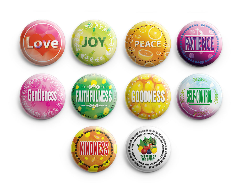 "Christian Pinback Buttons - The Fruit of the Spirit (10-Pack) - Large 2.25"" VBS Sunday School Easter Baptism Thanksgiving Christmas Rewards Encouragement Gift"