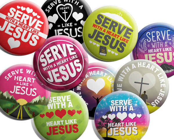 "Christian Pinback Buttons - Serve with a Heart Like Jesus (10-Pack) - Large 2.25"" VBS Sunday School Easter Baptism Thanksgiving Christmas Rewards Encouragement Gift"
