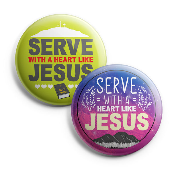 "Christian Pinback Buttons - Serve with a Heart Like Jesus (10-Pack) - Large 2.25"" VBS Sunday School Easter Baptism Thanksgiving Christmas Rewards Encouragement Gift"