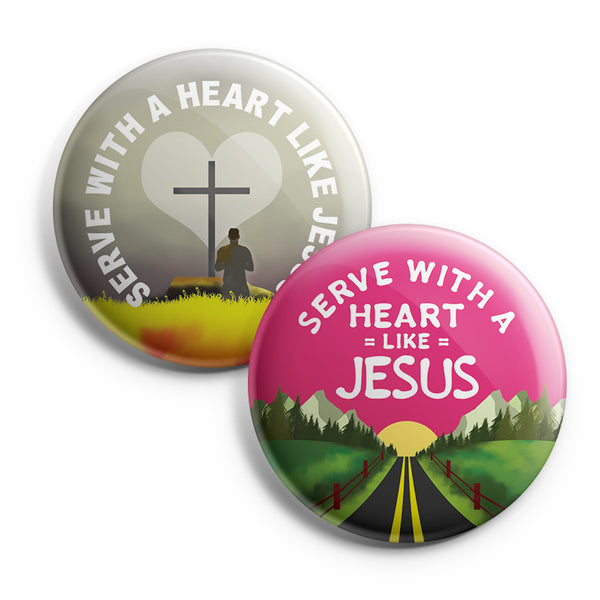 "Christian Pinback Buttons - Serve with a Heart Like Jesus (10-Pack) - Large 2.25"" VBS Sunday School Easter Baptism Thanksgiving Christmas Rewards Encouragement Gift"