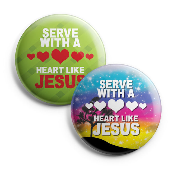 "Christian Pinback Buttons - Serve with a Heart Like Jesus (10-Pack) - Large 2.25"" VBS Sunday School Easter Baptism Thanksgiving Christmas Rewards Encouragement Gift"