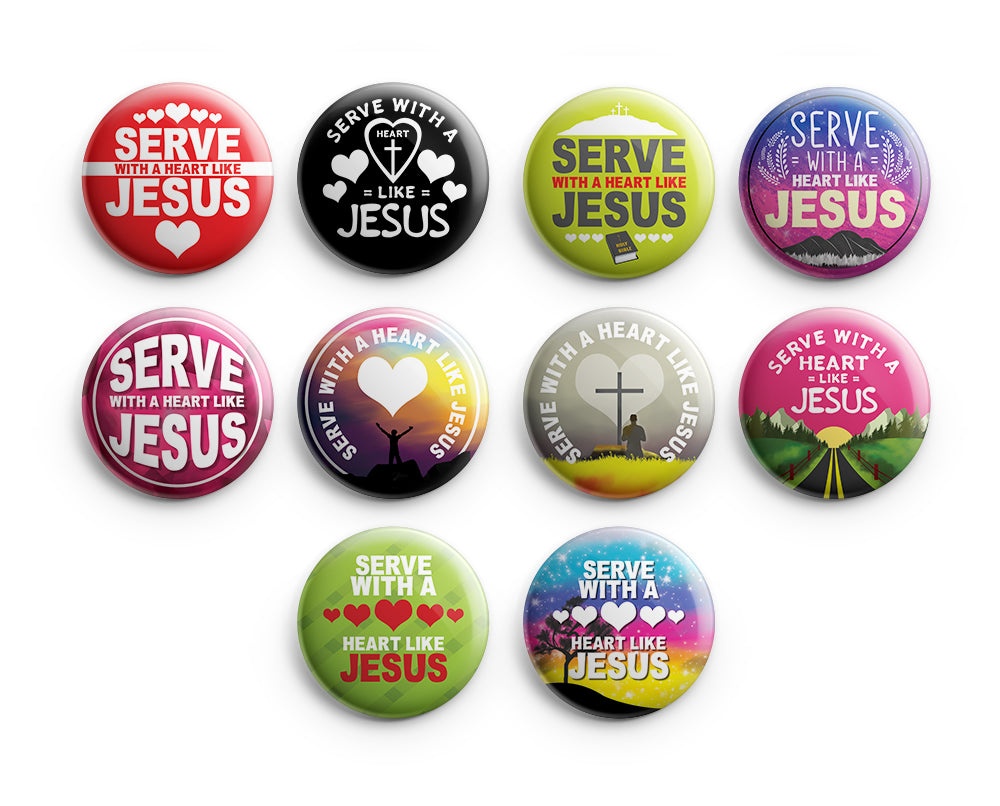 "Christian Pinback Buttons - Serve with a Heart Like Jesus (10-Pack) - Large 2.25"" VBS Sunday School Easter Baptism Thanksgiving Christmas Rewards Encouragement Gift"