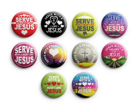 "Christian Pinback Buttons - Serve with a Heart Like Jesus (10-Pack) - Large 2.25"" VBS Sunday School Easter Baptism Thanksgiving Christmas Rewards Encouragement Gift"