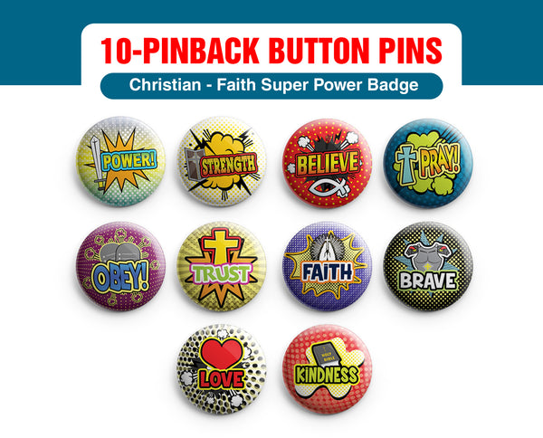"Christian Pinback Buttons - Faith Super Power Badge (10-Pack) - Large 2.25"" VBS Sunday School Easter Baptism Thanksgiving Christmas Rewards Encouragement Gift"
