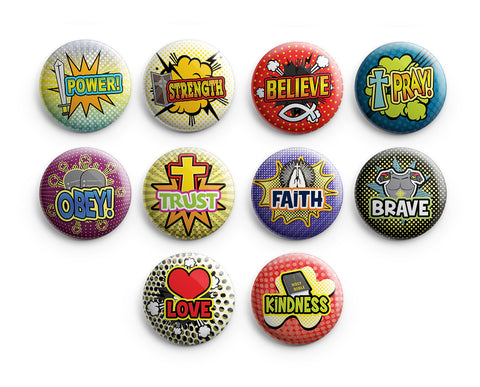 "Christian Pinback Buttons - Faith Super Power Badge (10-Pack) - Large 2.25"" VBS Sunday School Easter Baptism Thanksgiving Christmas Rewards Encouragement Gift"