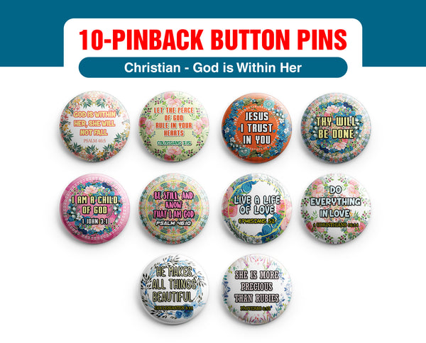 "Religious Pinback Buttons - God is Within Her (10-Pack) - Large 2.25"" VBS Sunday School Easter Baptism Thanksgiving Christmas Rewards Encouragement Gift"