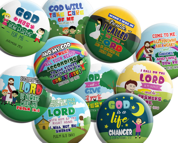 "Christian Pinback Buttons for Kids - Jesus Bible Verses (10-Pack) - Large 2.25"" VBS Sunday School Easter Baptism Thanksgiving Christmas Rewards Encouragement Gift"