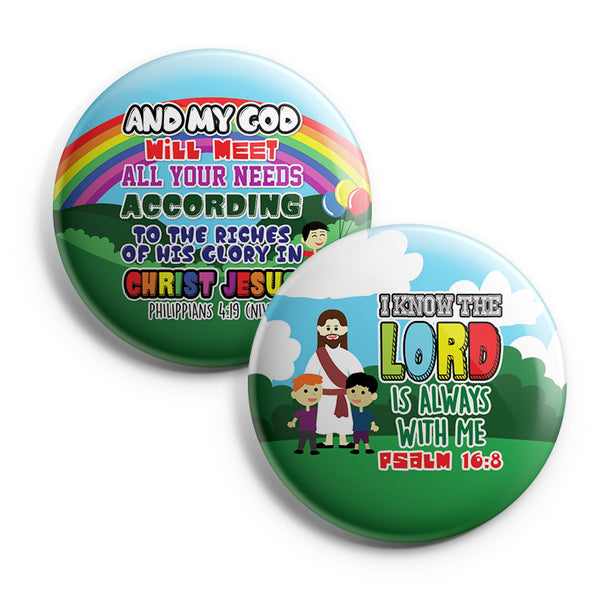 "Christian Pinback Buttons for Kids - Jesus Bible Verses (10-Pack) - Large 2.25"" VBS Sunday School Easter Baptism Thanksgiving Christmas Rewards Encouragement Gift"