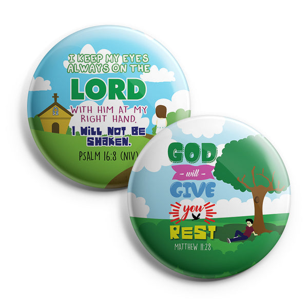"Christian Pinback Buttons for Kids - Jesus Bible Verses (10-Pack) - Large 2.25"" VBS Sunday School Easter Baptism Thanksgiving Christmas Rewards Encouragement Gift"