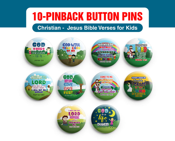 "Christian Pinback Buttons for Kids - Jesus Bible Verses (10-Pack) - Large 2.25"" VBS Sunday School Easter Baptism Thanksgiving Christmas Rewards Encouragement Gift"