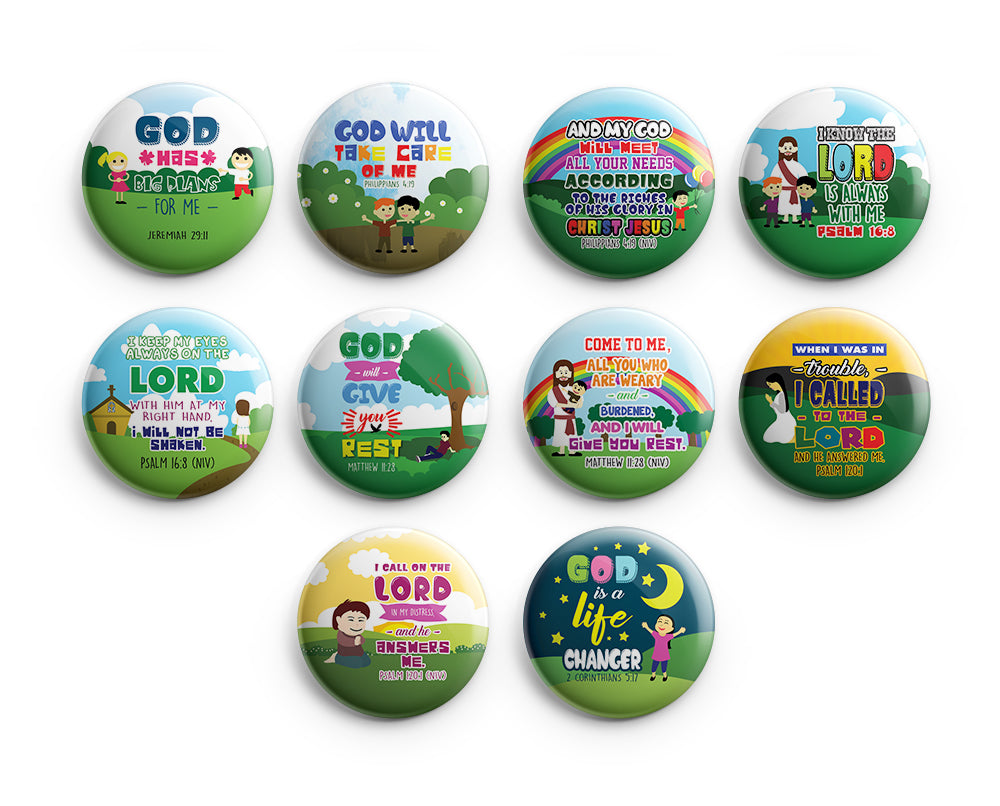 "Christian Pinback Buttons for Kids - Jesus Bible Verses (10-Pack) - Large 2.25"" VBS Sunday School Easter Baptism Thanksgiving Christmas Rewards Encouragement Gift"