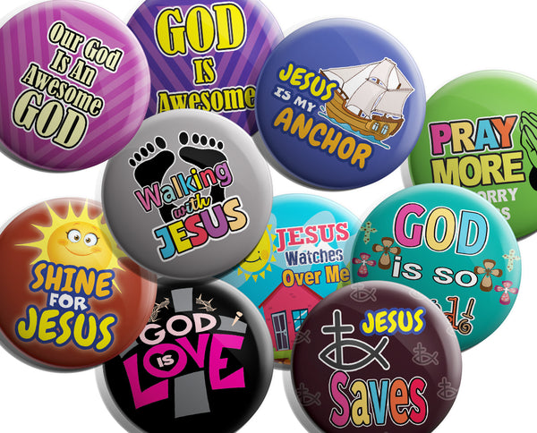 "Christian Pinback Buttons for Kids - Awesome God (10-Pack) - Large 2.25"" VBS Sunday School Easter Baptism Thanksgiving Christmas Rewards Encouragement Gift"
