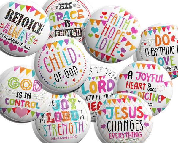 "Christian Pinback Buttons for Kids - Rejoice Always (10-Pack) - Large 2.25"" VBS Sunday School Easter Baptism Thanksgiving Christmas Rewards Encouragement Gift"