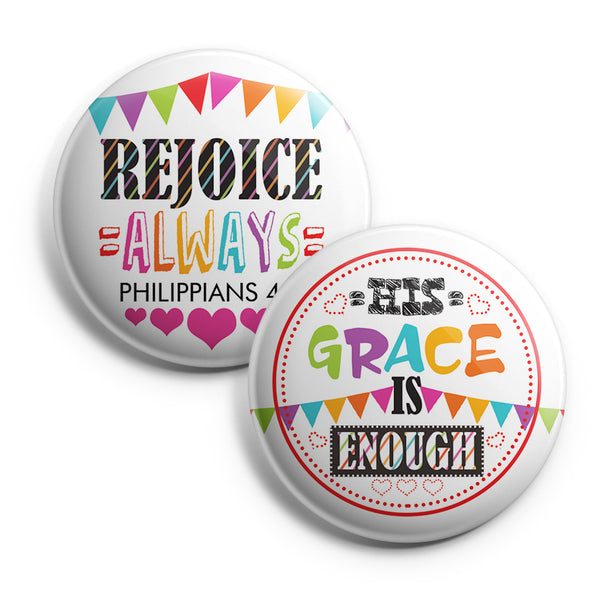 "Christian Pinback Buttons for Kids - Rejoice Always (10-Pack) - Large 2.25"" VBS Sunday School Easter Baptism Thanksgiving Christmas Rewards Encouragement Gift"