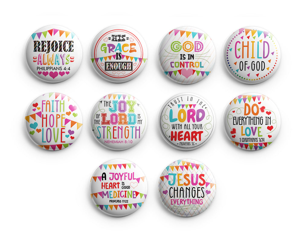 "Christian Pinback Buttons for Kids - Rejoice Always (10-Pack) - Large 2.25"" VBS Sunday School Easter Baptism Thanksgiving Christmas Rewards Encouragement Gift"