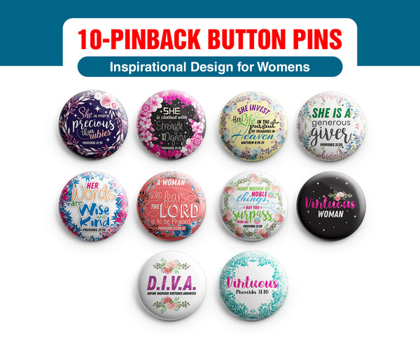 "Inspirational Pinback Buttons for Women Series 1 (10-Pack) - Large 2.25"" VBS Sunday School Easter Baptism Thanksgiving Christmas Rewards Encouragement Gift"
