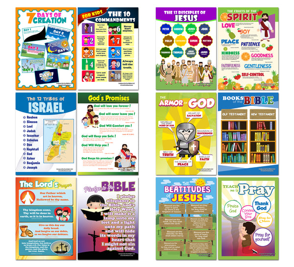 Christian Bible Educational Learning Posters for Kids (18-PACK)