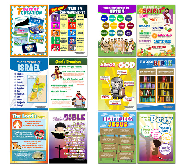 NewEights Christian Bible Educational Learning Posters for Kids (24-Pack) – Unique Teaching Aid