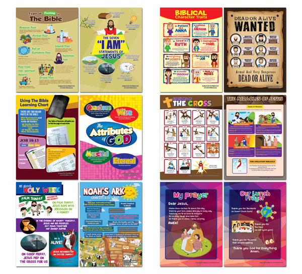 Christian Bible Educational Learning Posters for Kids (18-PACK)
