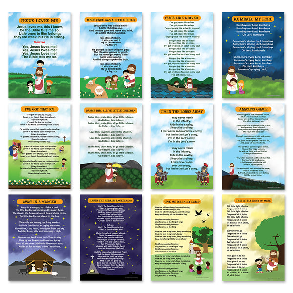 Popular Bible Songs Series 1 Educational Learning Posters (24-Pack) - A3 Size - Church Memory Verse Sunday School Rewards - Christian Stocking Stuffers Birthday Party - Classroom Decoration Motivation