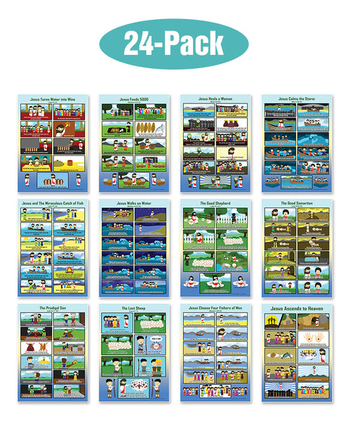 NewEights Bible Story Series 3 (Jesus Series) Educational Learning Posters (24-Pack) - Church Memory Verse Sunday School Rewards - Christian Stocking Stuffers Birthday Party Favors Assorted Bulk Pack