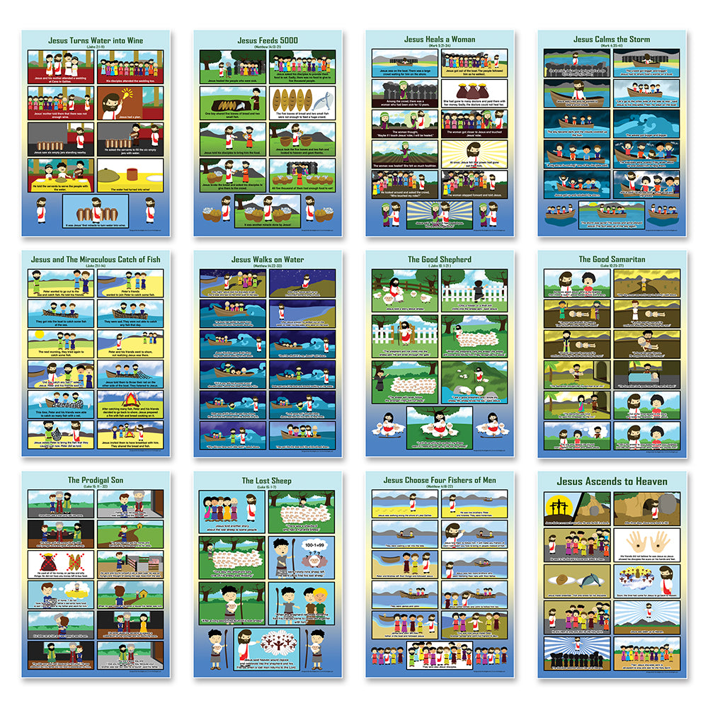 NewEights Bible Story Series 3 (Jesus Series) Educational Learning Posters (6-Pack) - Encouraging Bible Verses Poster for Men Women Teens - A3 Size - Renewed in God's Blessing Poster Wall Decor Sunday School Church