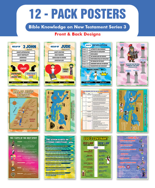 Bible Knowledge on New Testament Series 3 Children Educational Learning Posters (12-Pack) - Stocking Stuffers for Boys Girls - Children Ministry Bible Study Church Supplies Teacher Classroom