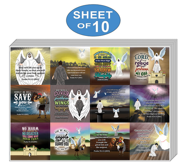 Psalm 91 Stickers (10-Sheet) - Stocking Stuffers for Boys Girls - Children Ministry Bible Study Church Supplies Teacher Classroom Incentives Gift