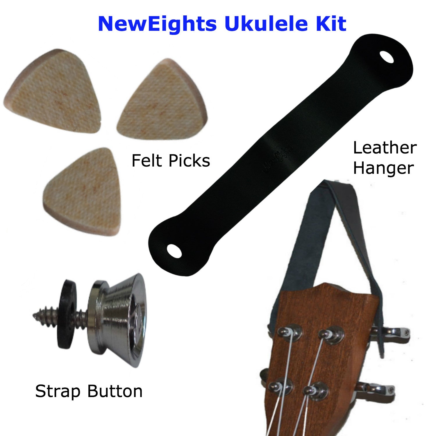 Ukulele Kit - Felts Picks, Uke Strap Button and Hanger Set Accessories Pack - Best Gifts for Ukulele Players by NewEights