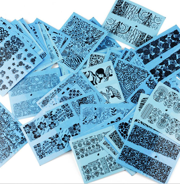 New8Beauty Nail Art Stickers Decals Series 12A (72-Pack) - Blue Base Black Pattern Lace