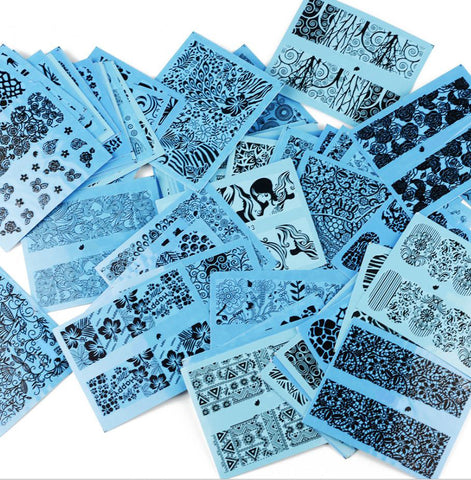New8Beauty Nail Art Stickers Decals Series 12A (72-Pack) - Blue Base Black Pattern Lace